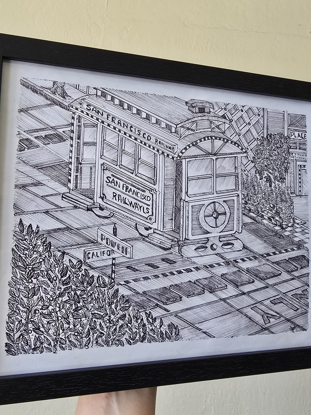 San Francisco art framed original drawing. 04 Cable Car Trolley